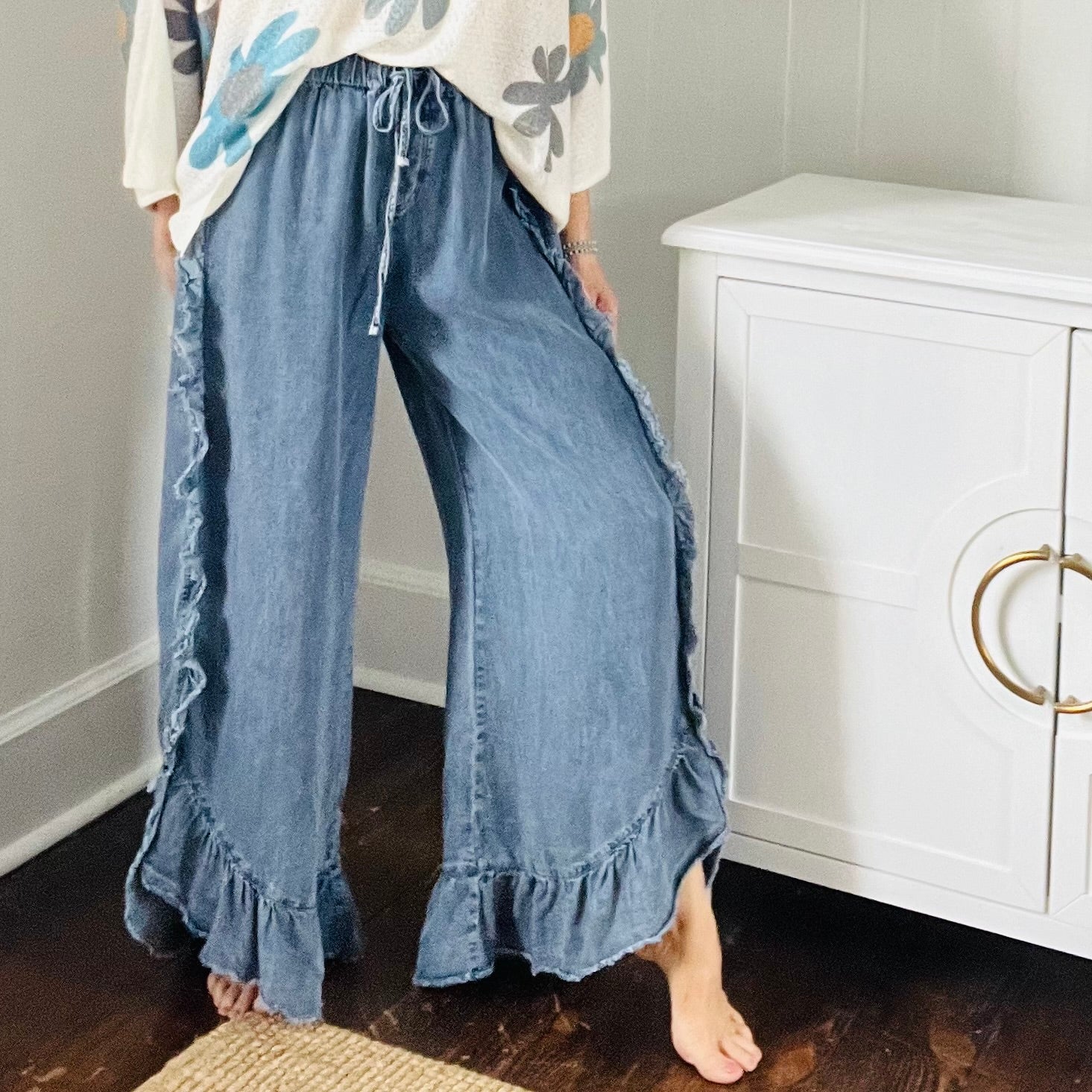 Chambray Ruffle Pants
