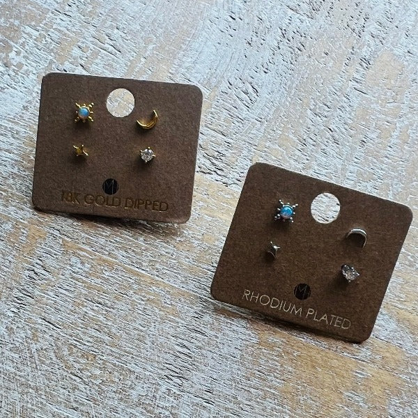 Dipped 4Pc Star Moon Stud Earrings Set