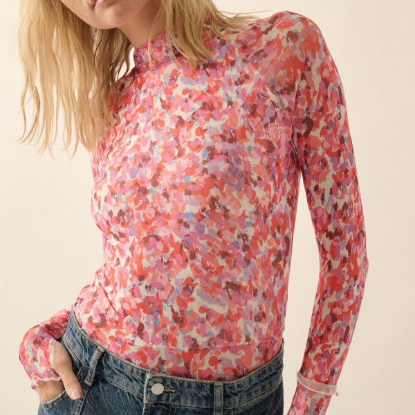 Pink Floral Mesh Top