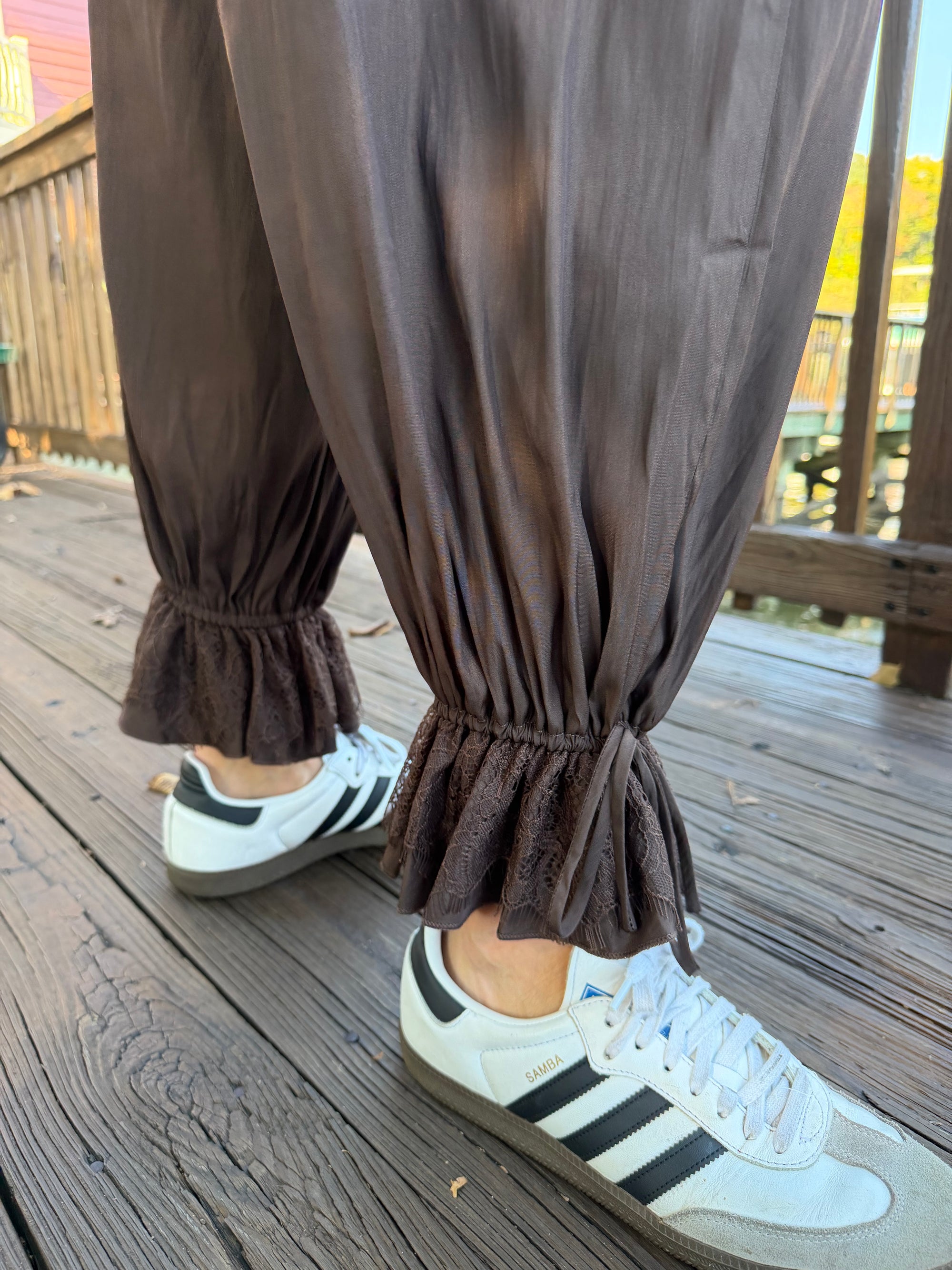 Lace Poplin Pant-BROWN