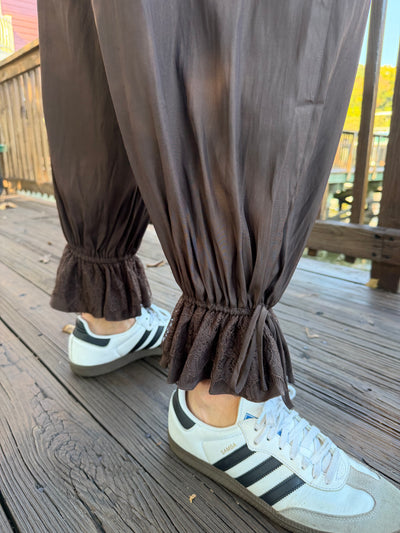 Lace Poplin Pant-BROWN