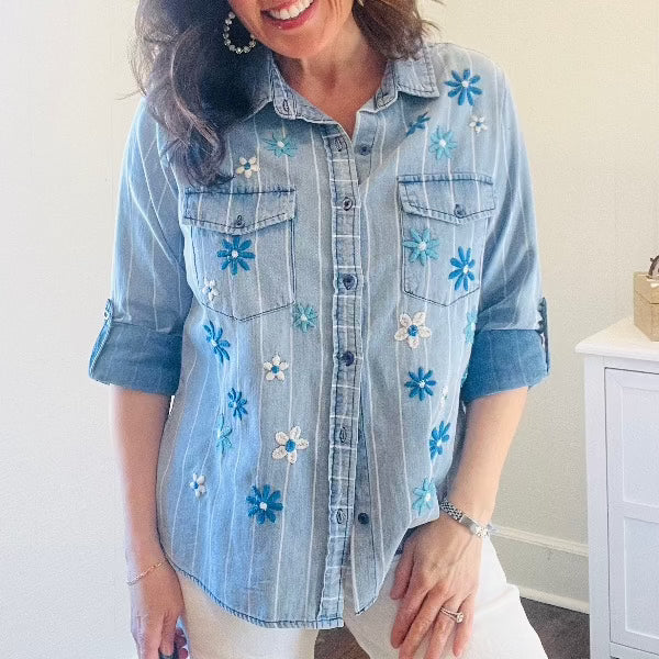 Denim Floral Embroidery Shirt