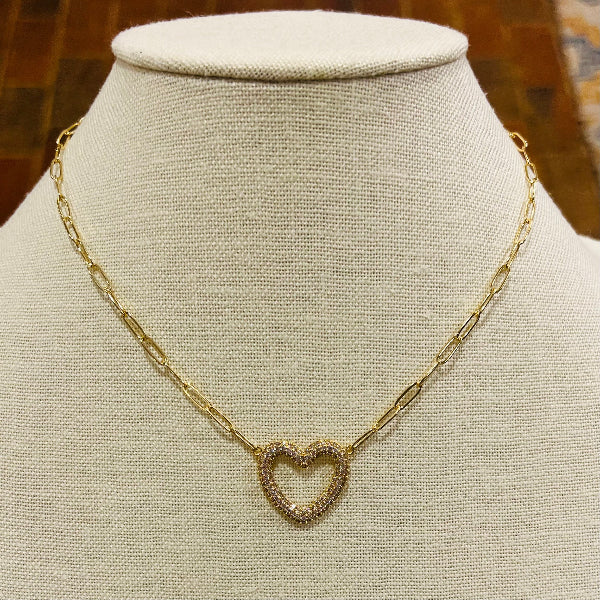 Heart Pave Paperclip Necklace