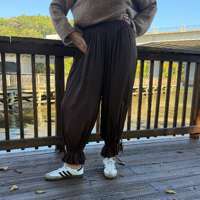 Lace Poplin Pant-BROWN