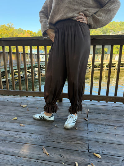 Lace Poplin Pant-BROWN