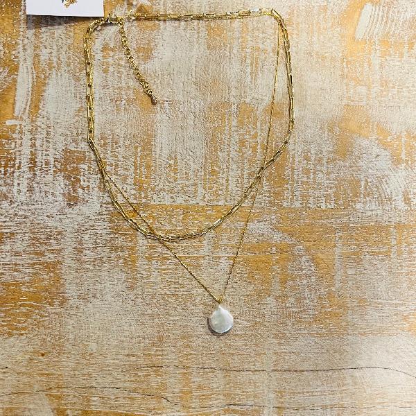Gold Dipped Layered Chains Pearl Pendant Necklace