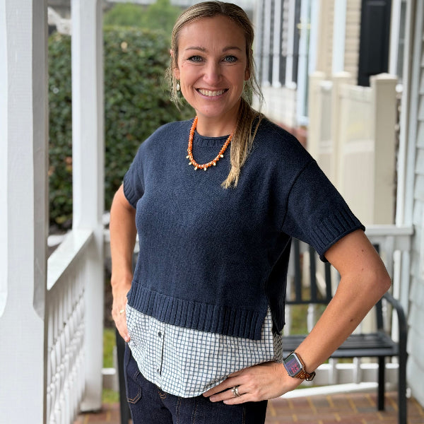 Blue sweater plaid trim 
