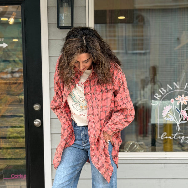 Mineral Plaid Button Down-CORAL