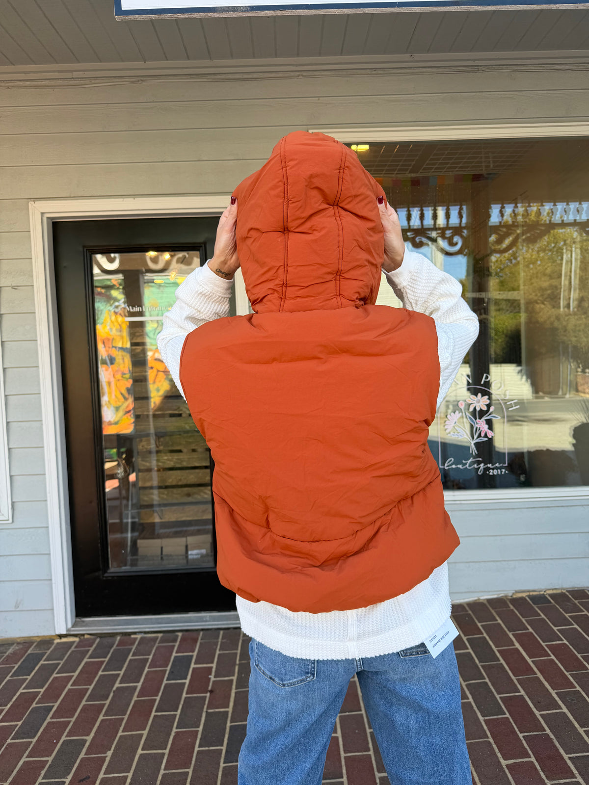 Hooded Bubble Puffer Vest-RUST