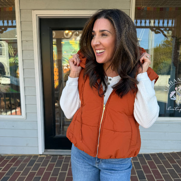 Hooded Bubble Puffer Vest-RUST