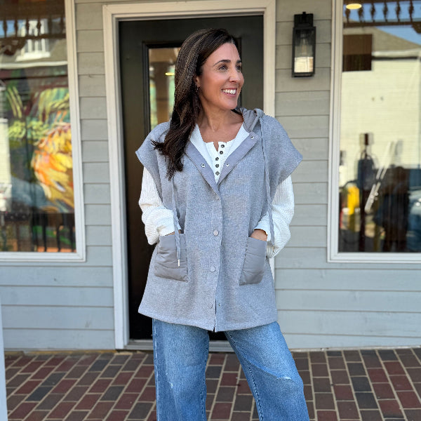 Padded Hood Cape Vest-GREY