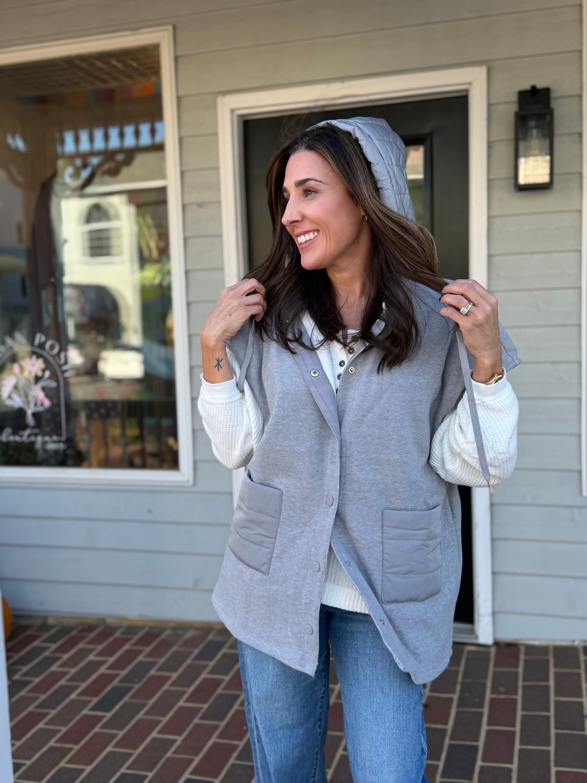 Padded Hood Cape Vest-GREY