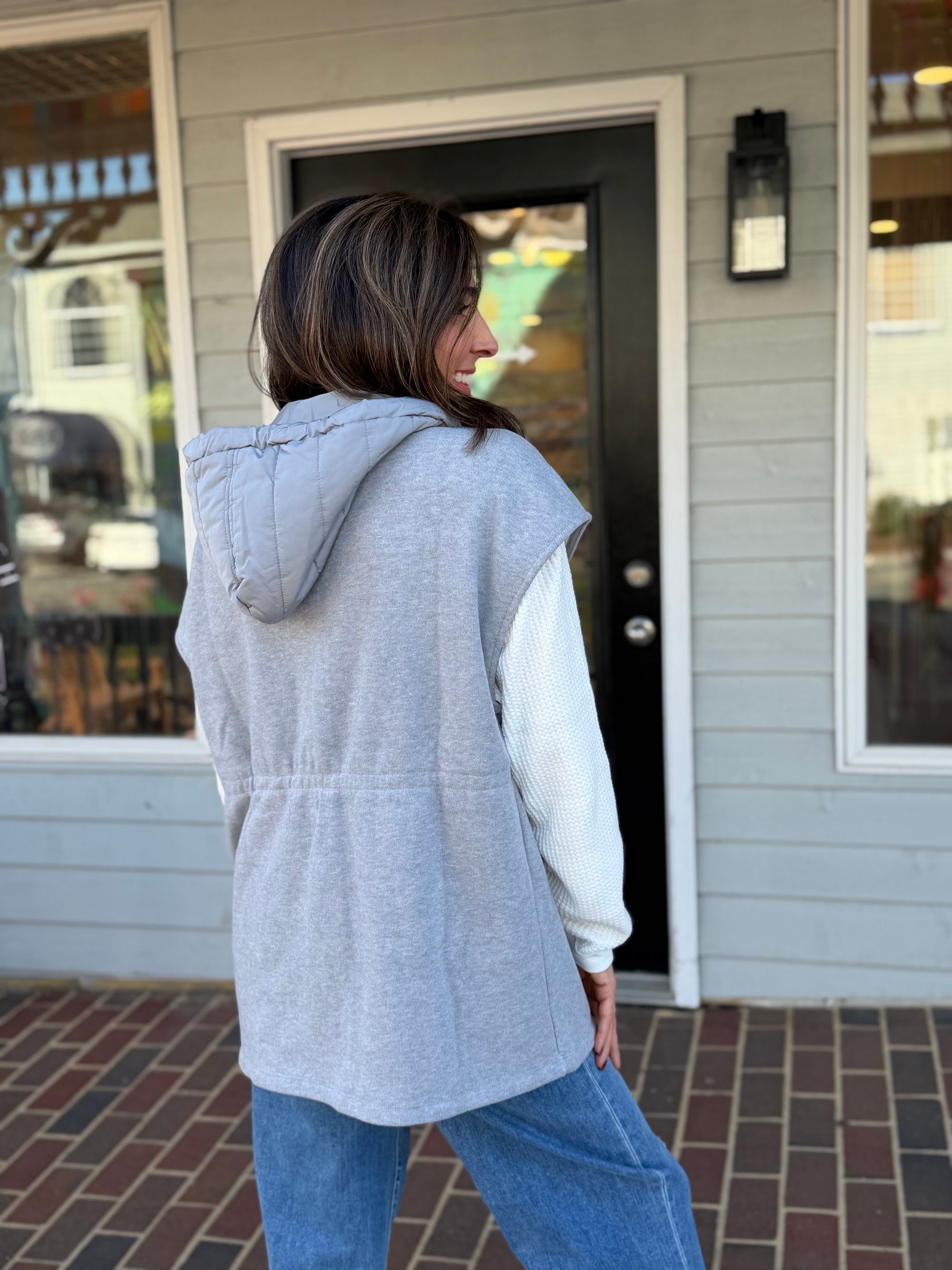 Padded Hood Cape Vest-GREY