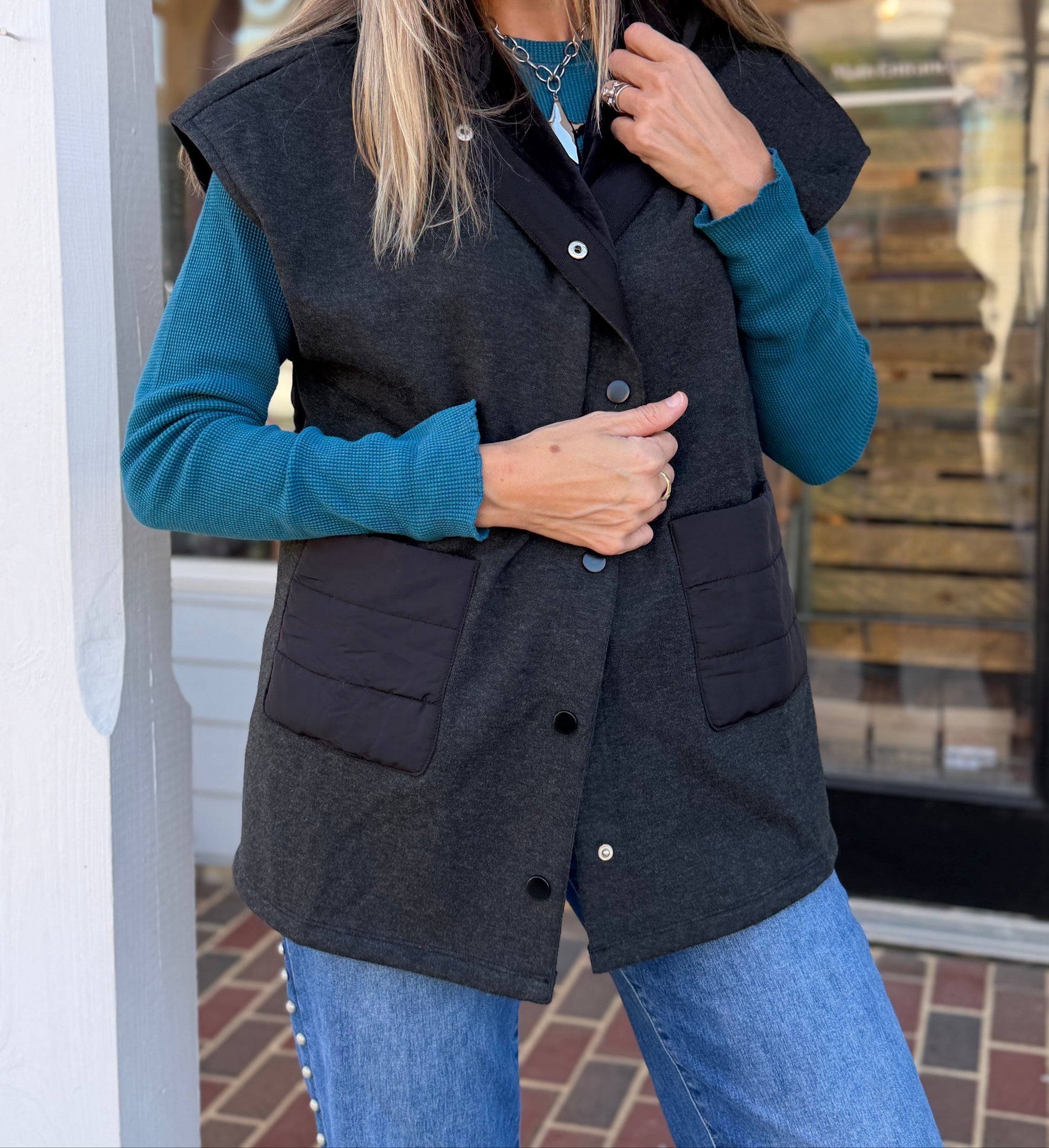 Padded Hood Cape Vest-GUN METAL