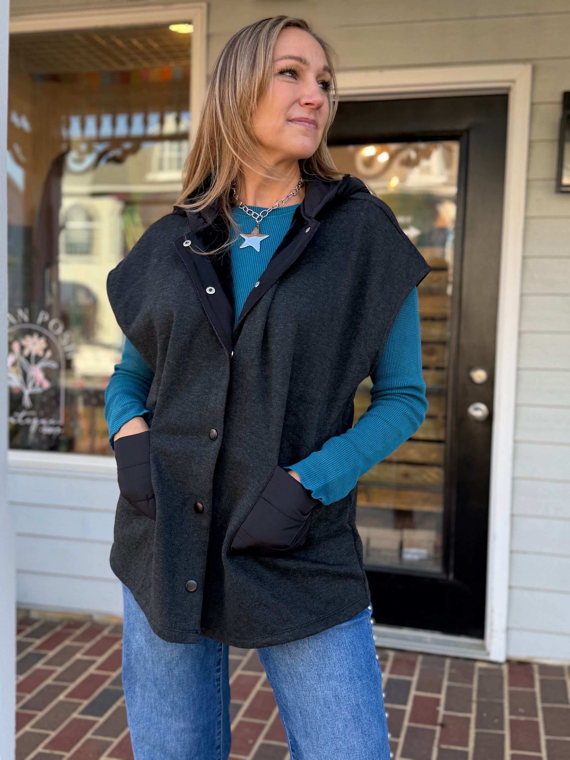 Padded Hood Cape Vest-GUN METAL