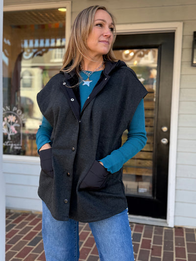 Padded Hood Cape Vest-GUN METAL