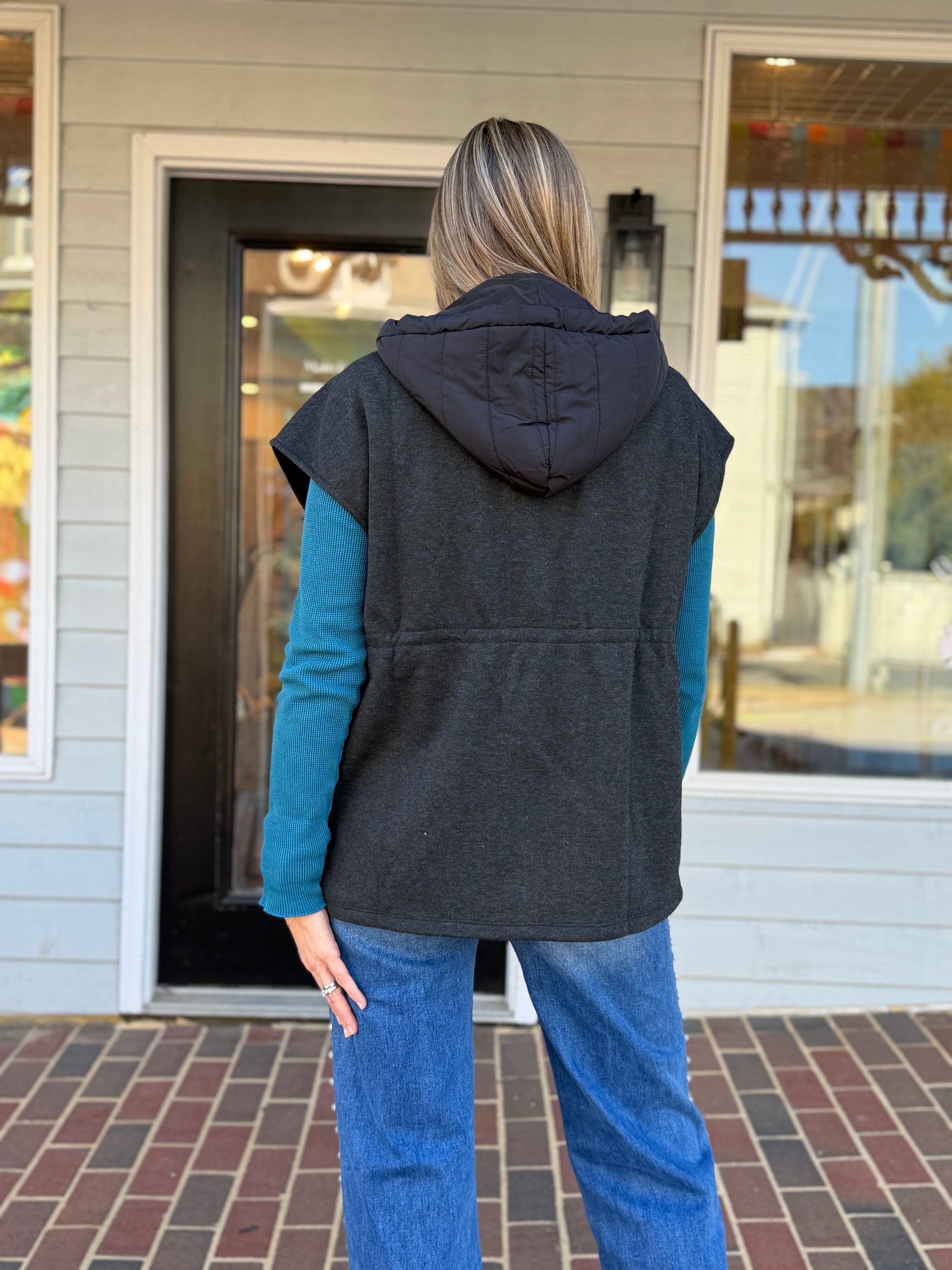 Padded Hood Cape Vest-GUN METAL