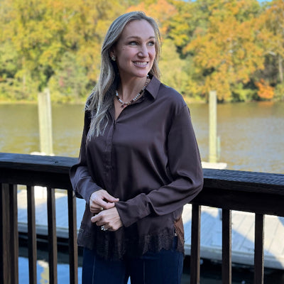 Brown satin button down blouse