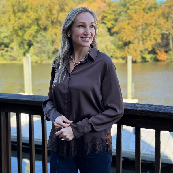 Brown satin button down blouse 