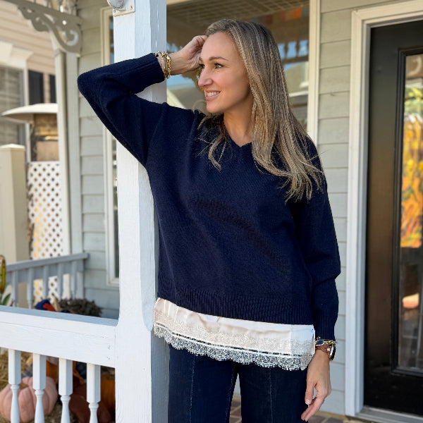 Nay blue v neck sweater lace trim