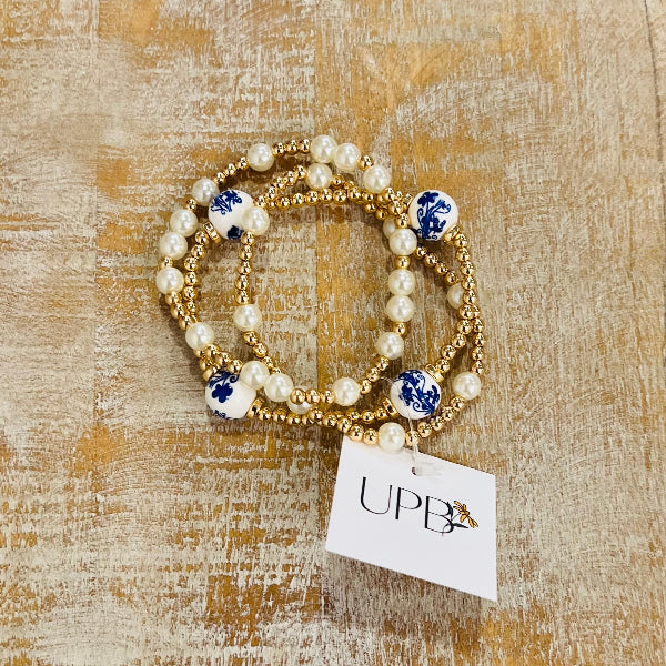 Blue Willow Gold & Pearl Stretch Bracelet Set
