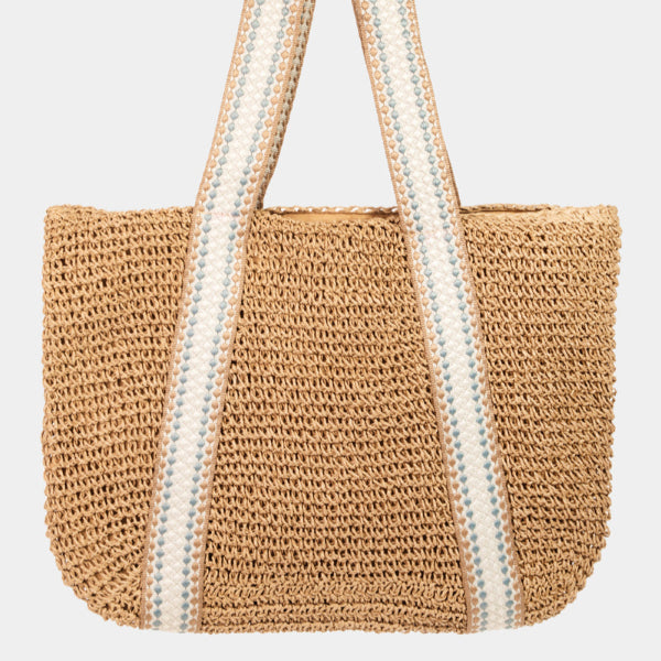 Embroidered Strap Straw Tote