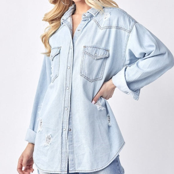 Risen Distressed Denim Button Down