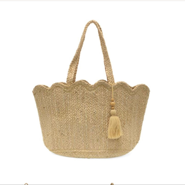 Jovi Scalloped Hem Jute Tote w/Tassel