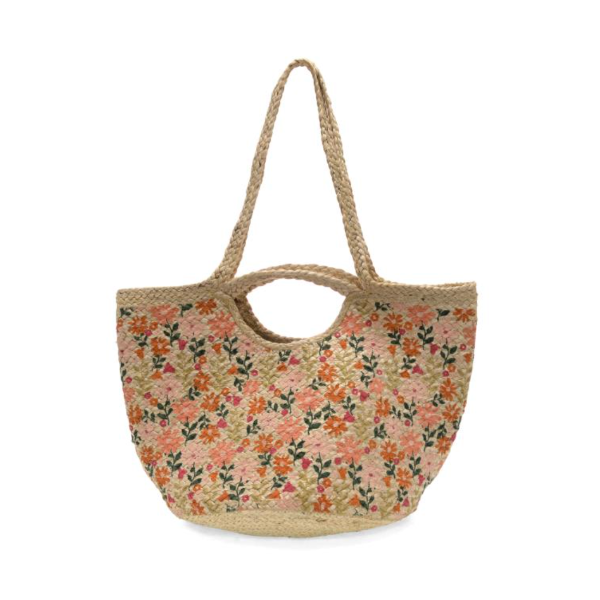 Anya Jute Tote-Coral Painted Daises