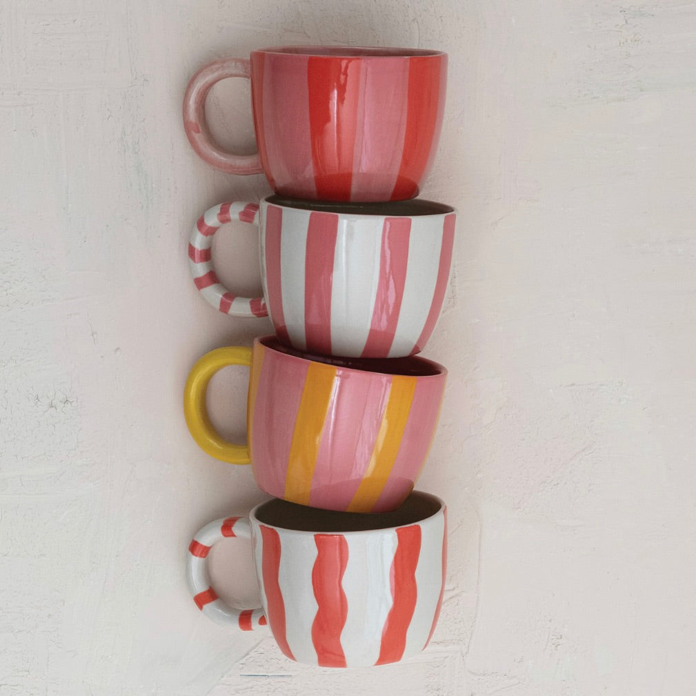10 oz. Hand-Painted Stoneware Striped Mug, 4 Styles