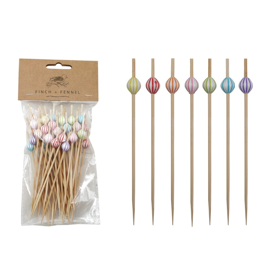 Bamboo Single Use Picks w/ Striped Ball Handles, Natural & Multi Color, Set of 50