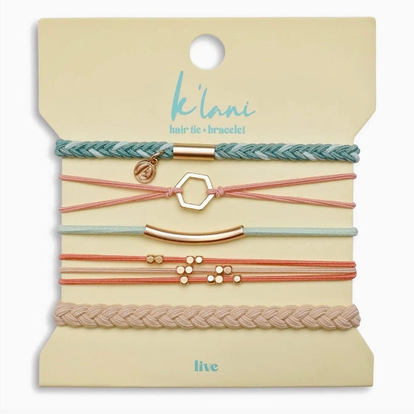 "Live" Teal & Coral with Gold Accent Hair Tie Bracelets