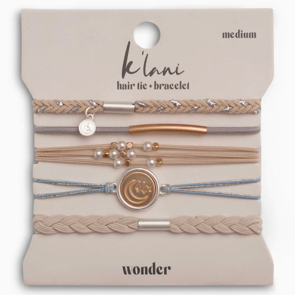 "Wonder" Soft Creams & Blues with Pearls & Gold Hair Tie Bracelets