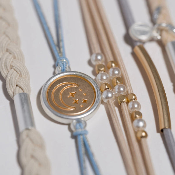 "Wonder" Soft Creams & Blues with Pearls & Gold Hair Tie Bracelets