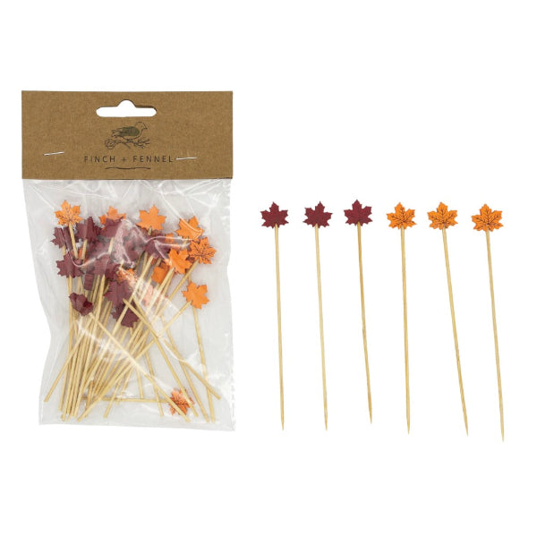 Bamboo Single Use Picks w/ Leaf Shaped Handles, Natural, Red & Orange Color, Set of 50