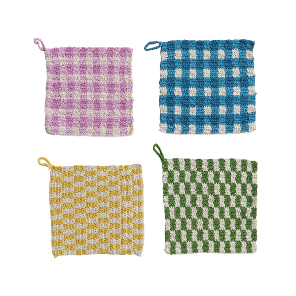Cotton Crocheted Pot Holder with Check Pattern