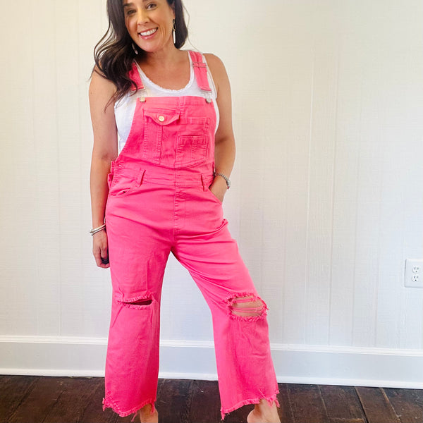 Risen Barbie Girl High Rise Hot Pink Distressed Straight Cropped Overalls