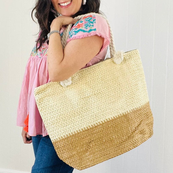Two Tone Straw Tote